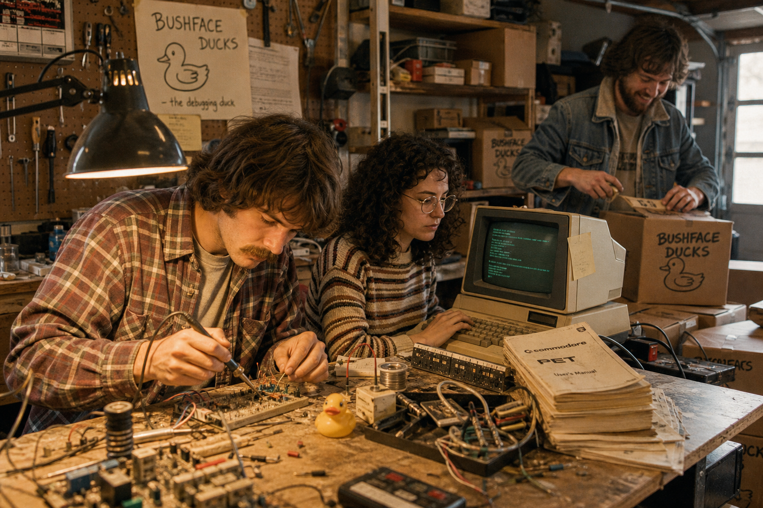 The original Bushface Ducks team in their workshop, 1971